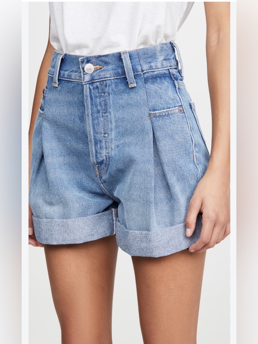 Re/Done Women's Blue Pleated Roll-Hem Denim Shorts